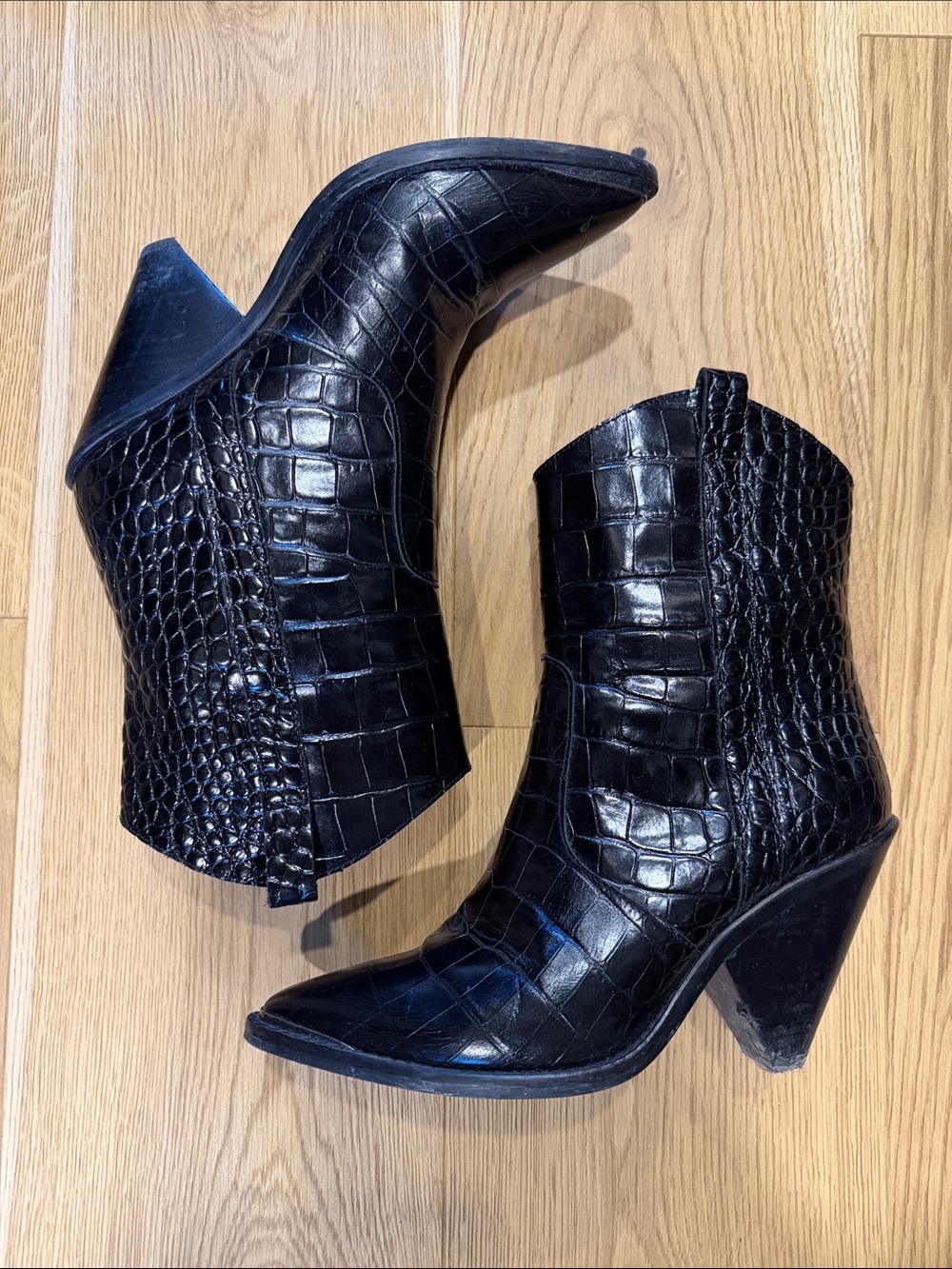 Toral Black Croc-Embossed Pointed Toe Western Ankle Boots